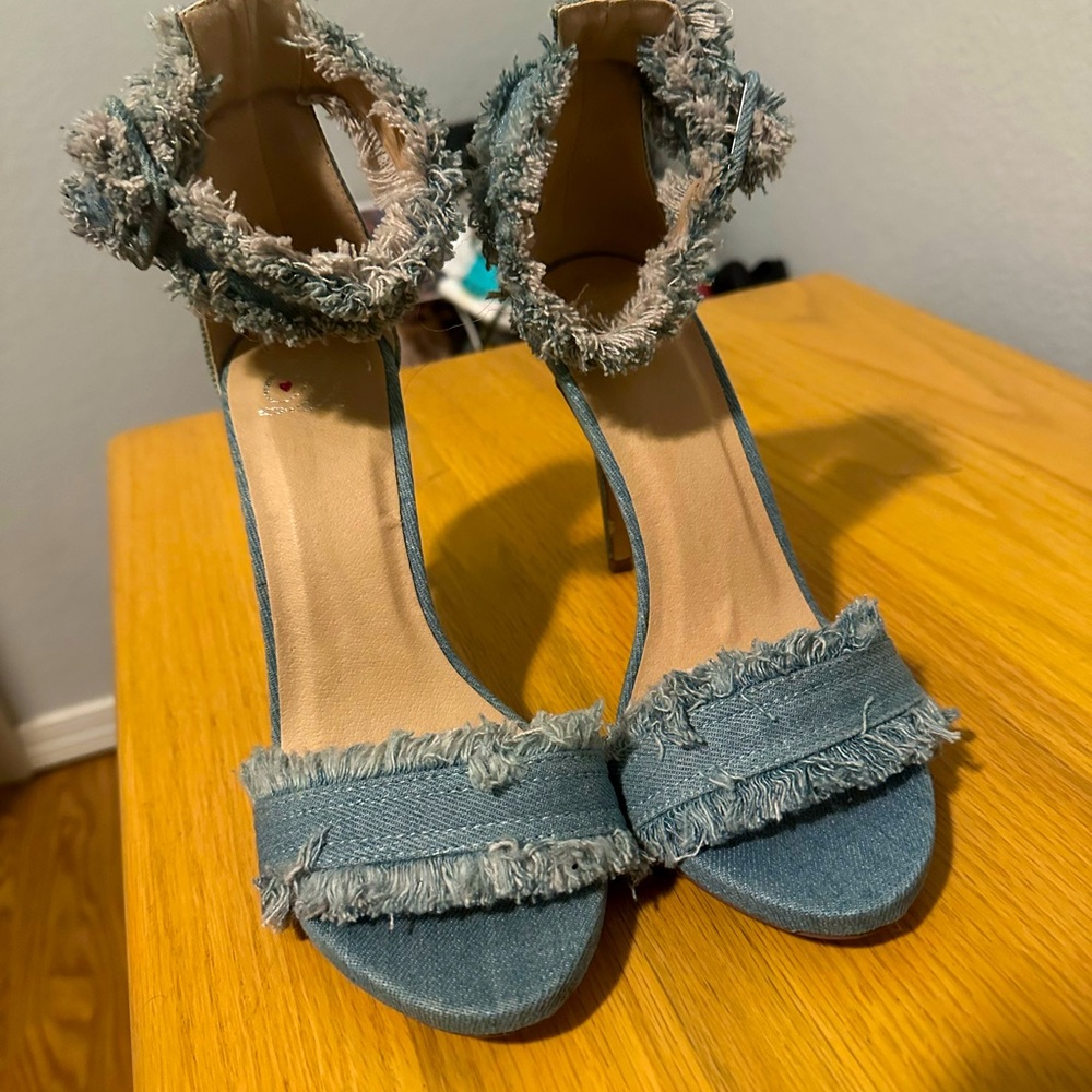 Gianvito Rossi Light Blue Denim Lola Frayed Ankle Strap Sandals
